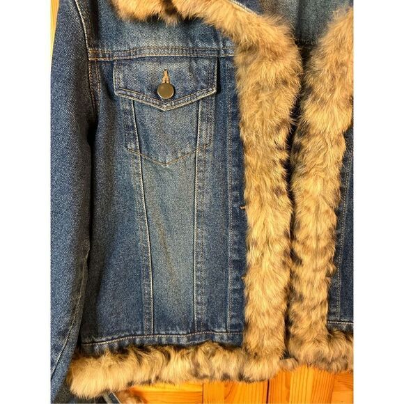 La Fiorentina Vintage Denim Jacket with Rabbit Fur Trim Size Large (0034) - Picture 4 of 7